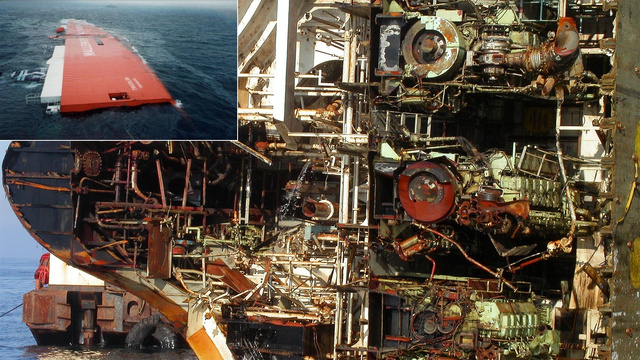 A sala de máquinas do MV Tricolor, um navio norueguês que afundou no Canal Inglês carregando 3 mil automóveis.